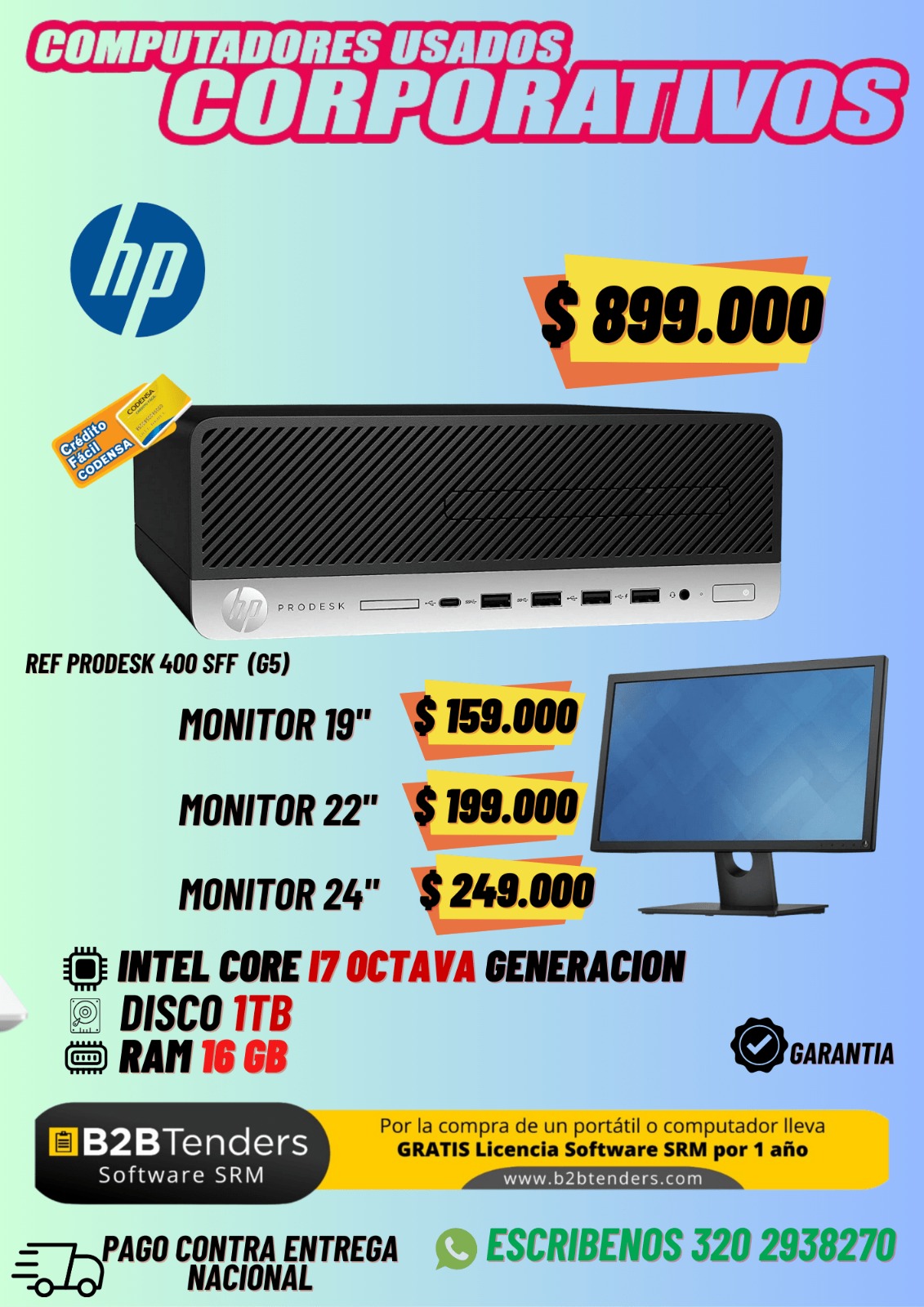 Computador HP ProDesk 400 SFF G5 – Core i7 8va Generación, 16GB RAM, 1TB HDD
